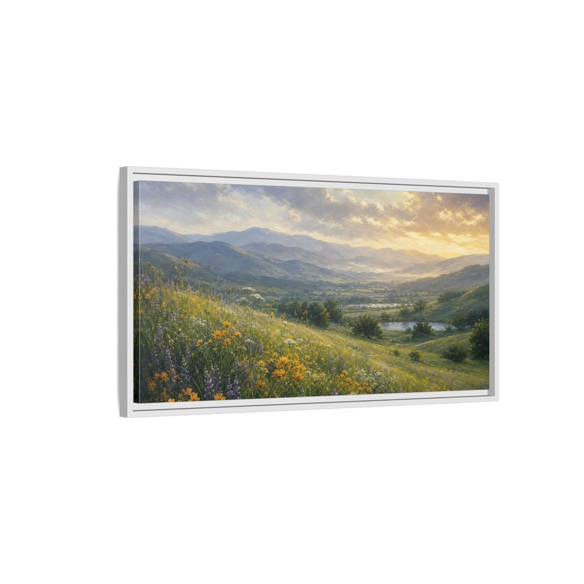 Side Mockup 1. Nature Wildflower Meadow Green Valley shown as stretched canvas wall art