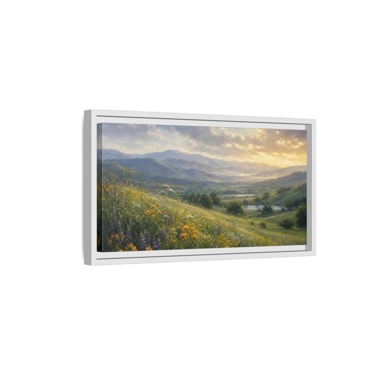 Side Mockup 6. Nature Wildflower Meadow Green Valley shown as stretched canvas wall art