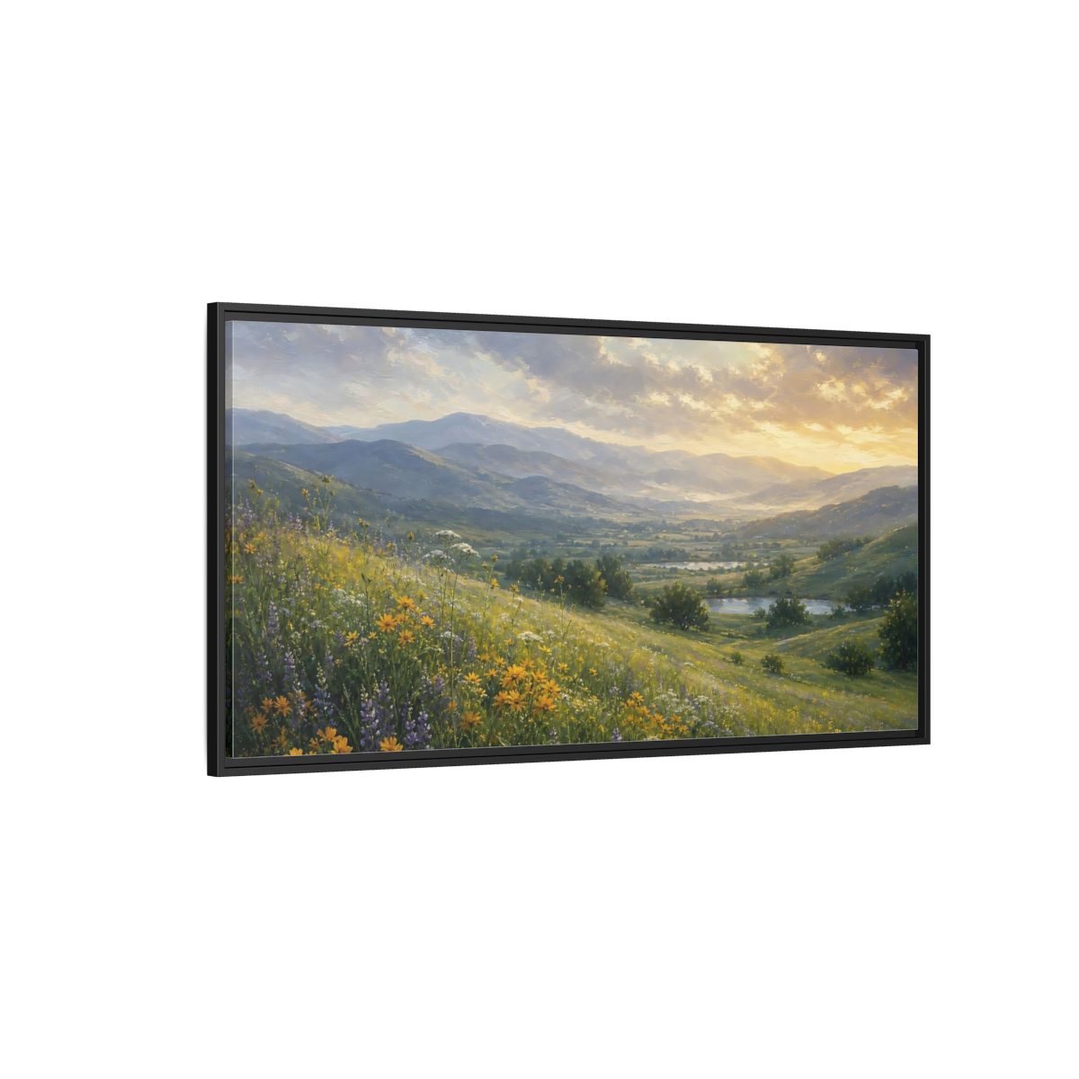 Side Mockup 5. Nature Wildflower Meadow Green Valley shown as stretched canvas wall art