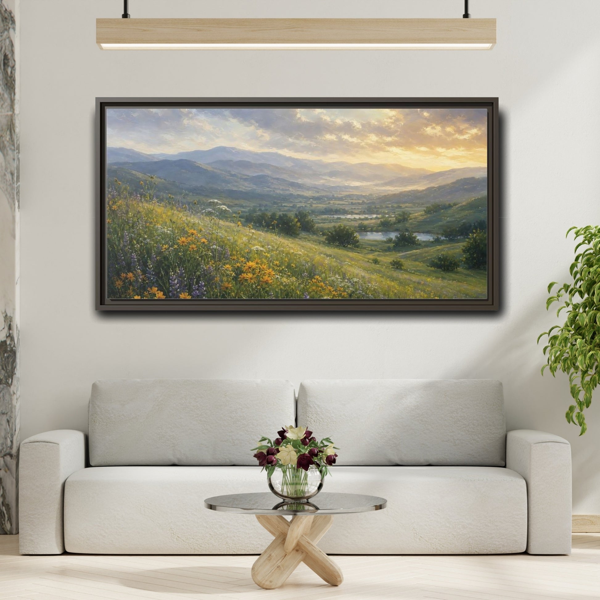 Mockup 2. Nature Wildflower Meadow Green Valley shown as stretched canvas wall art