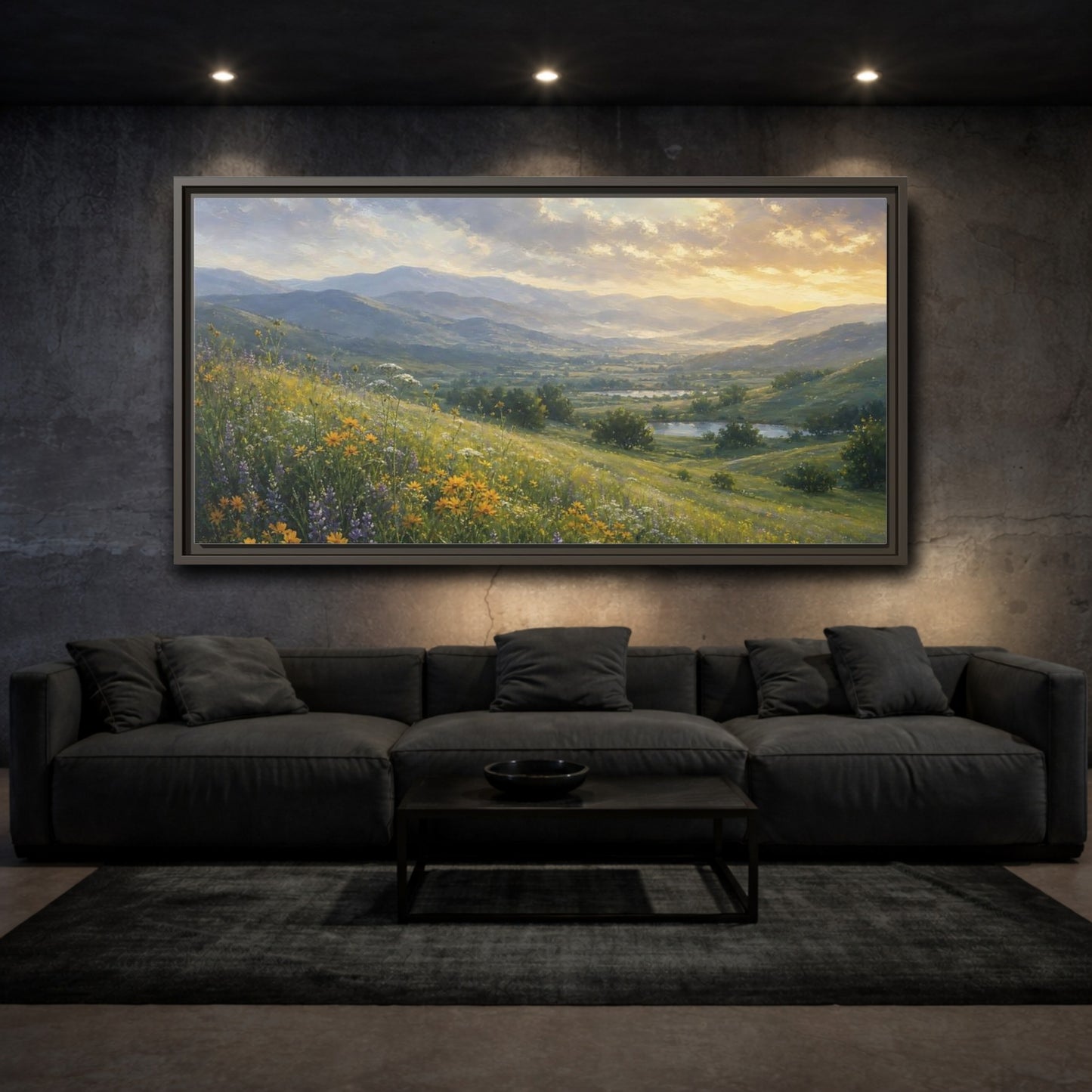 Mockup 3. Nature Wildflower Meadow Green Valley shown as stretched canvas wall art