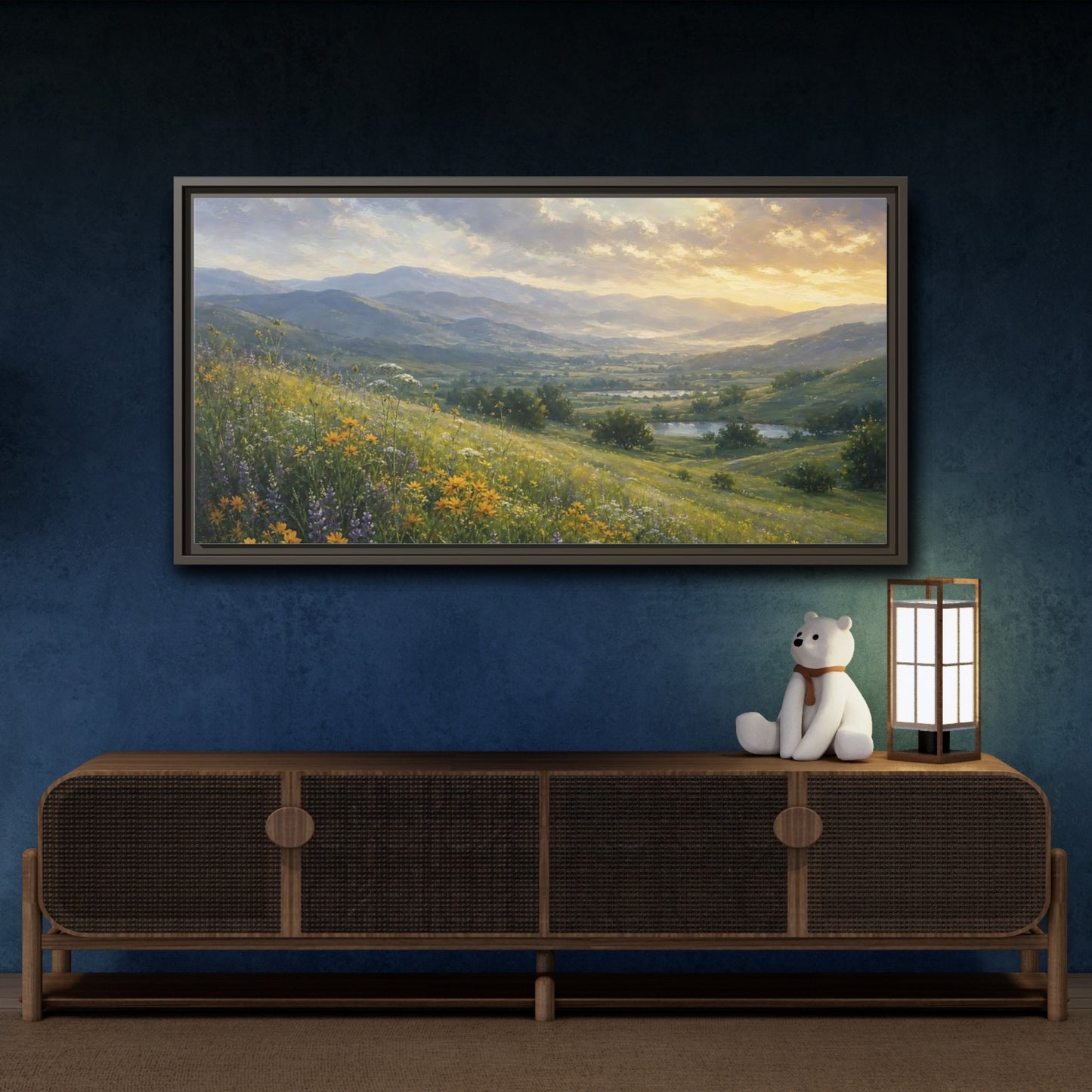 Mockup 4. Nature Wildflower Meadow Green Valley shown as stretched canvas wall art