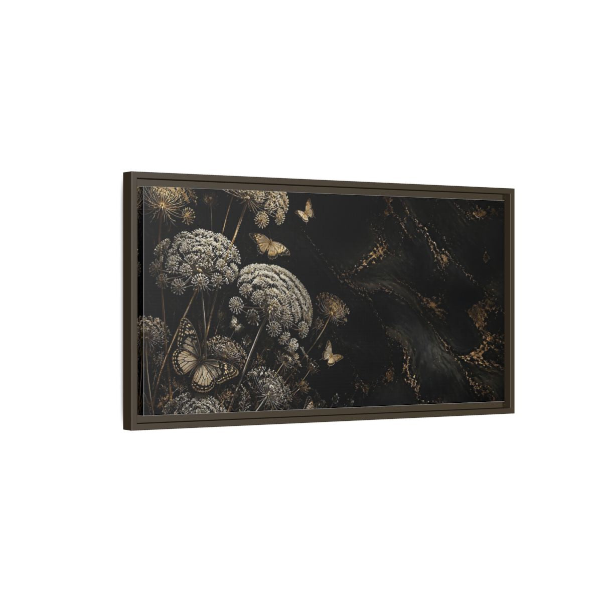 Main Mockup. Nature Wildflowers Black Gold Flowers shown as stretched canvas wall art