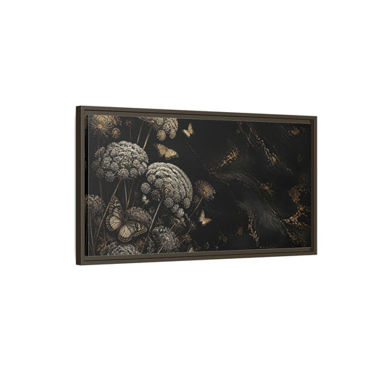 Main Mockup. Nature Wildflowers Black Gold Flowers shown as stretched canvas wall art