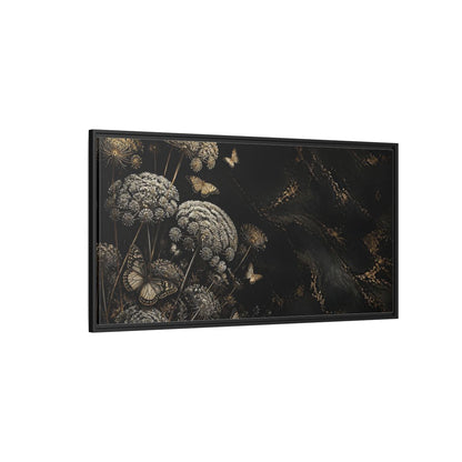 Side Mockup 5. Nature Wildflowers Black Gold Flowers shown as stretched canvas wall art