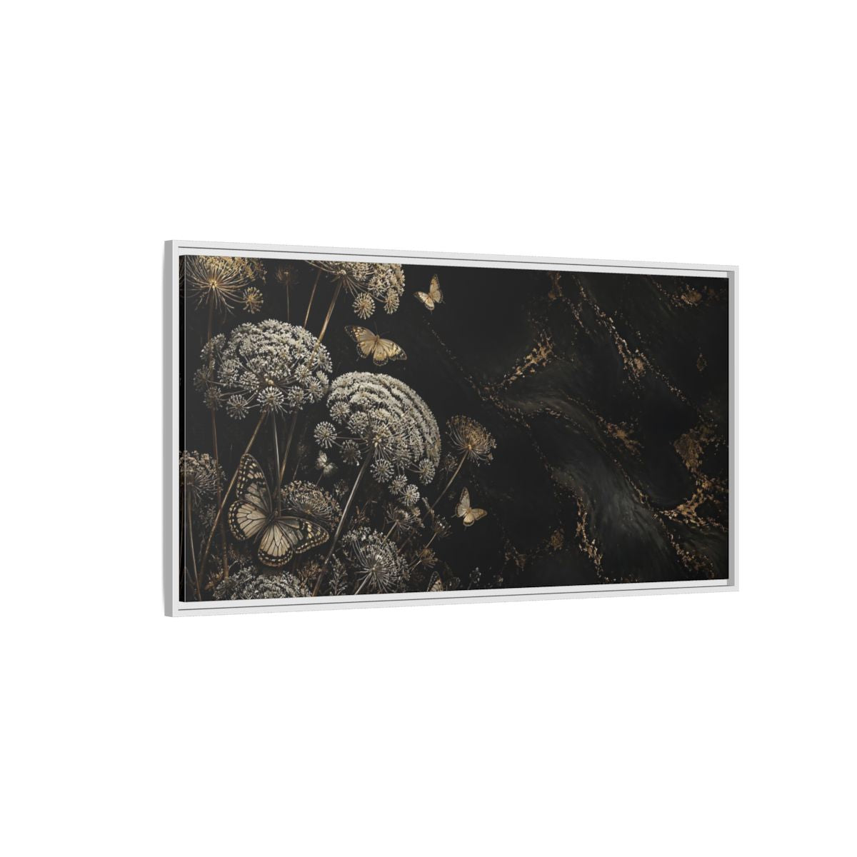 Side Mockup 3. Nature Wildflowers Black Gold Flowers shown as stretched canvas wall art
