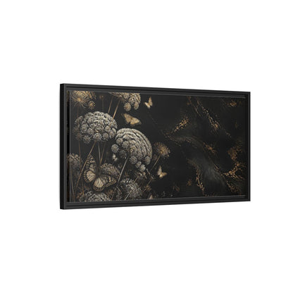 Side Mockup 2. Nature Wildflowers Black Gold Flowers shown as stretched canvas wall art
