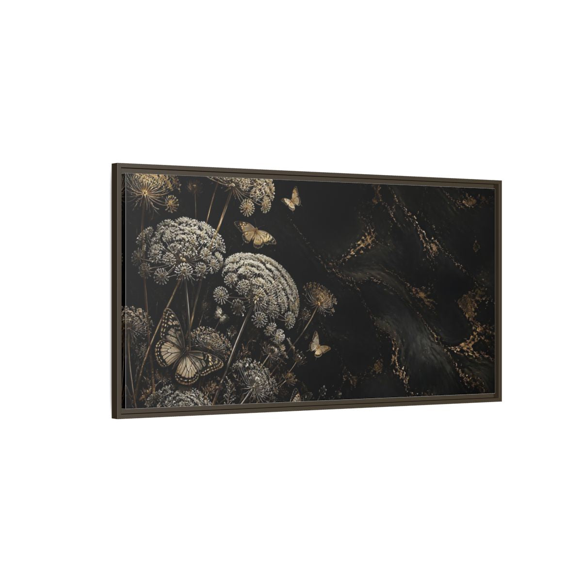 Side Mockup 4. Nature Wildflowers Black Gold Flowers shown as stretched canvas wall art