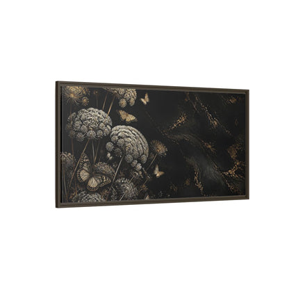 Side Mockup 4. Nature Wildflowers Black Gold Flowers shown as stretched canvas wall art