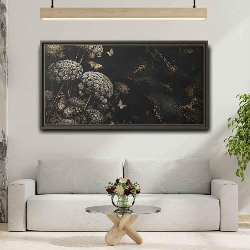 Mockup 2. Nature Wildflowers Black Gold Flowers shown as stretched canvas wall art
