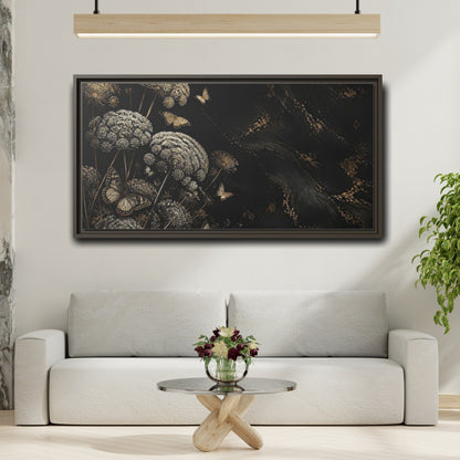 Mockup 2. Nature Wildflowers Black Gold Flowers shown as stretched canvas wall art