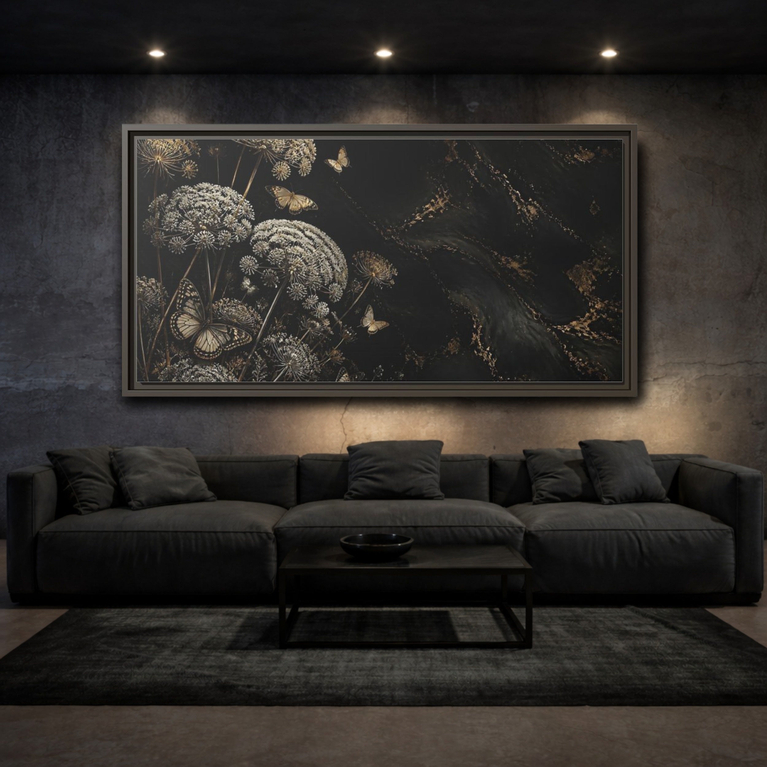 Mockup 3. Nature Wildflowers Black Gold Flowers shown as stretched canvas wall art