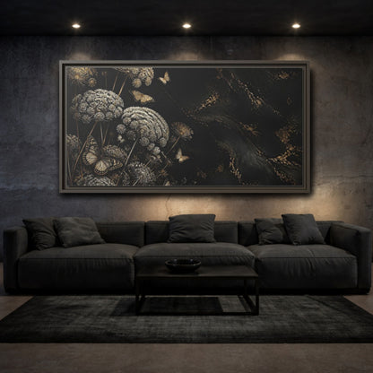 Mockup 3. Nature Wildflowers Black Gold Flowers shown as stretched canvas wall art