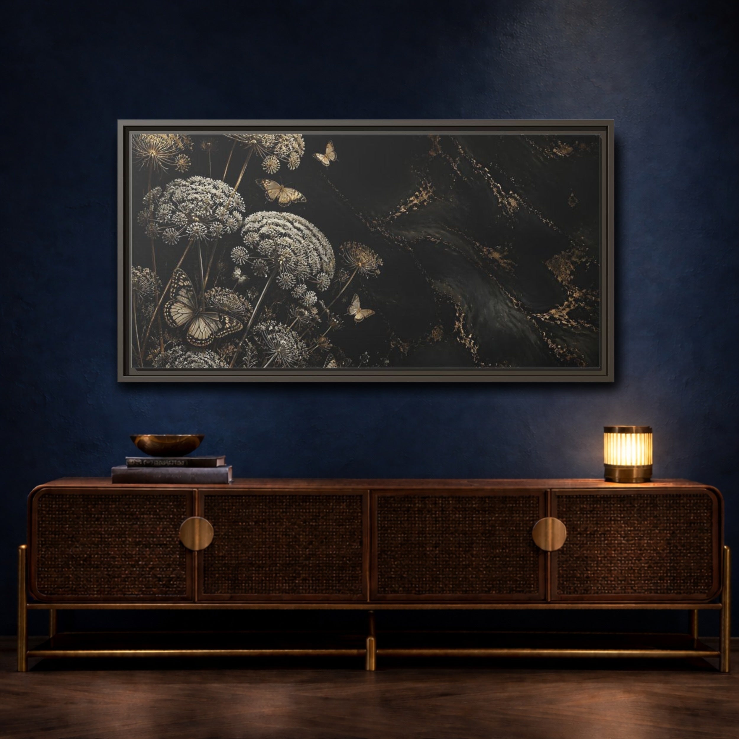 Mockup 4. Nature Wildflowers Black Gold Flowers shown as stretched canvas wall art