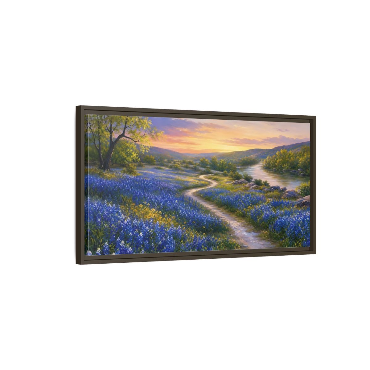 Main Mockup. Nature Wildflowers Blue And Orange shown as stretched canvas wall art