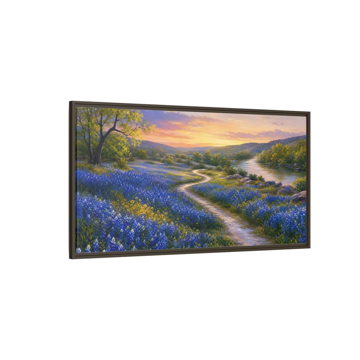 Side Mockup 4. Nature Wildflowers Blue And Orange shown as stretched canvas wall art