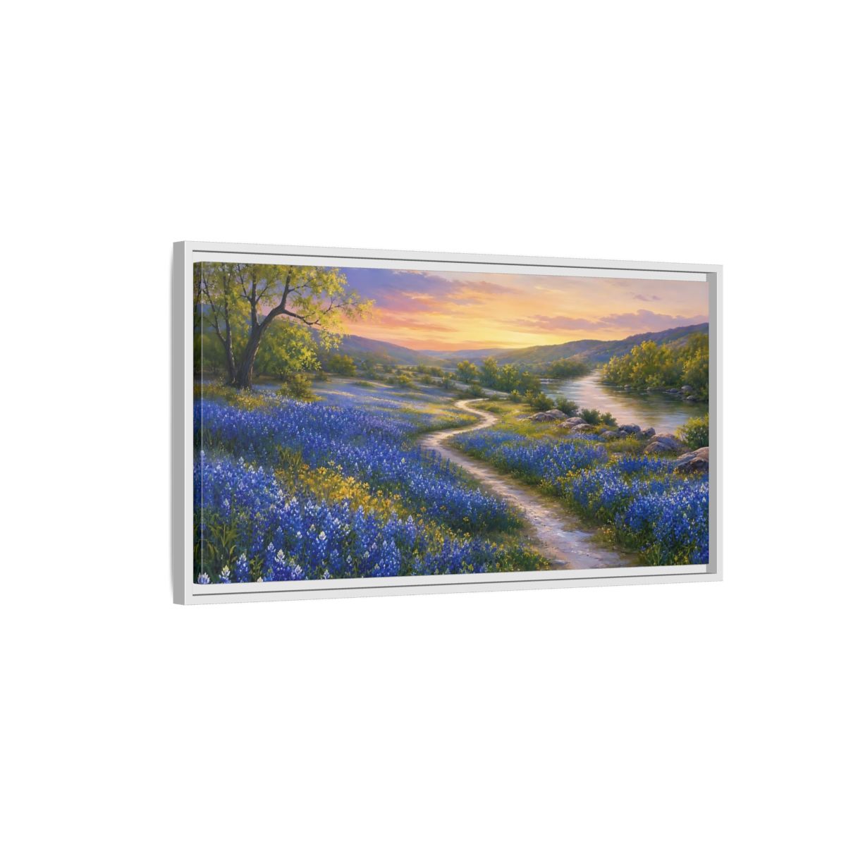 Side Mockup 1. Nature Wildflowers Blue And Orange shown as stretched canvas wall art