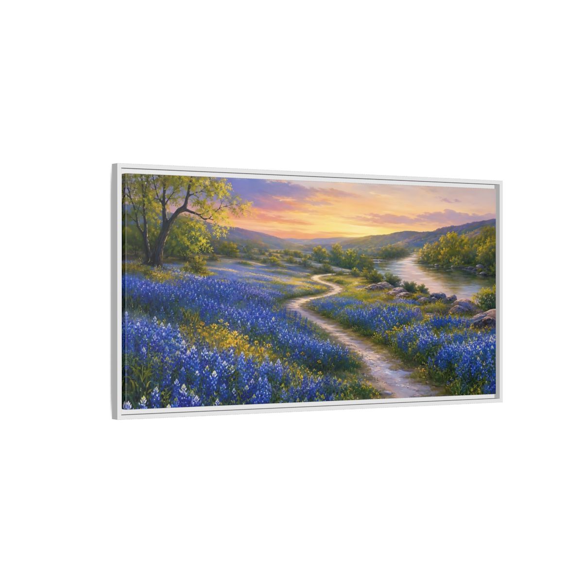 Side Mockup 3. Nature Wildflowers Blue And Orange shown as stretched canvas wall art