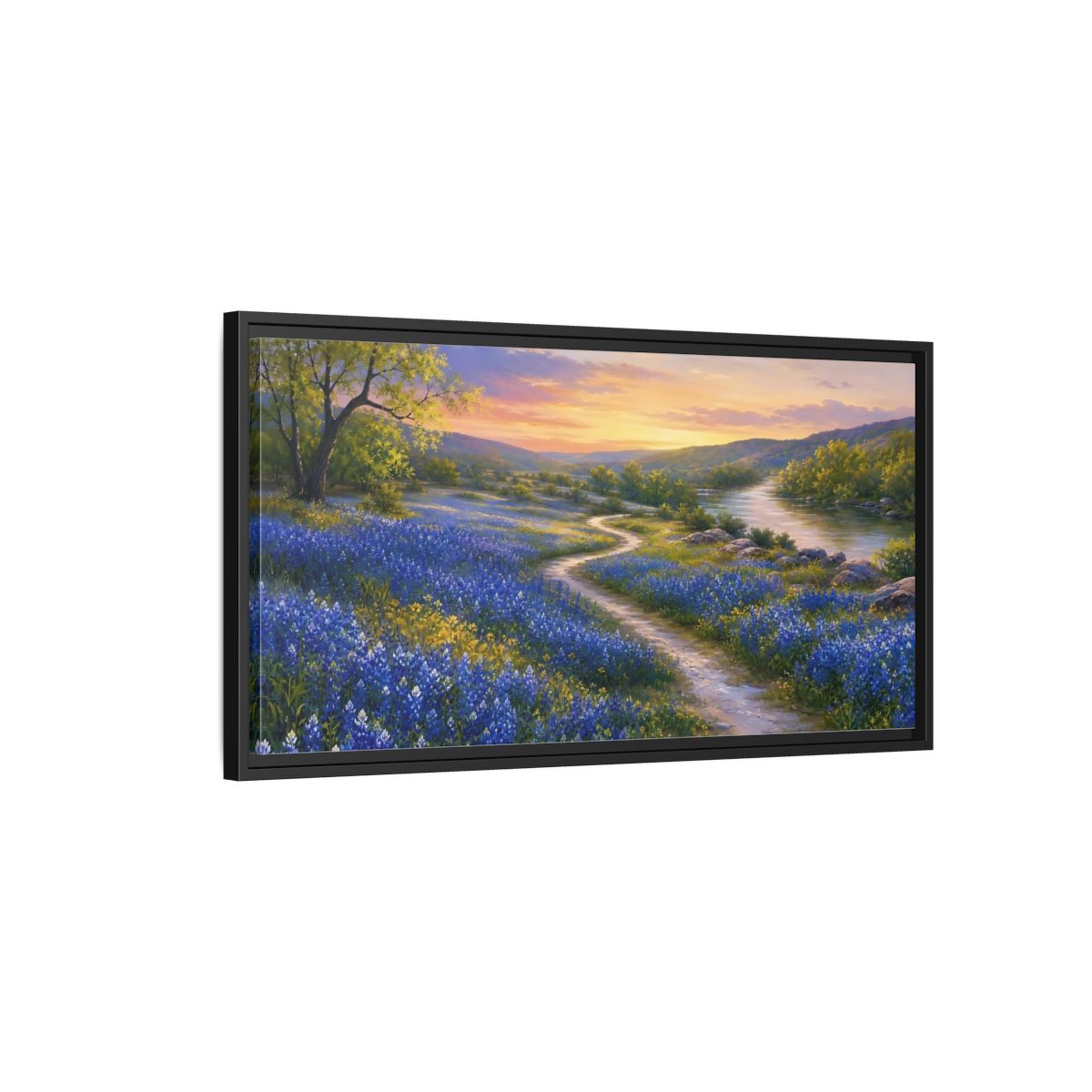 Side Mockup 2. Nature Wildflowers Blue And Orange shown as stretched canvas wall art