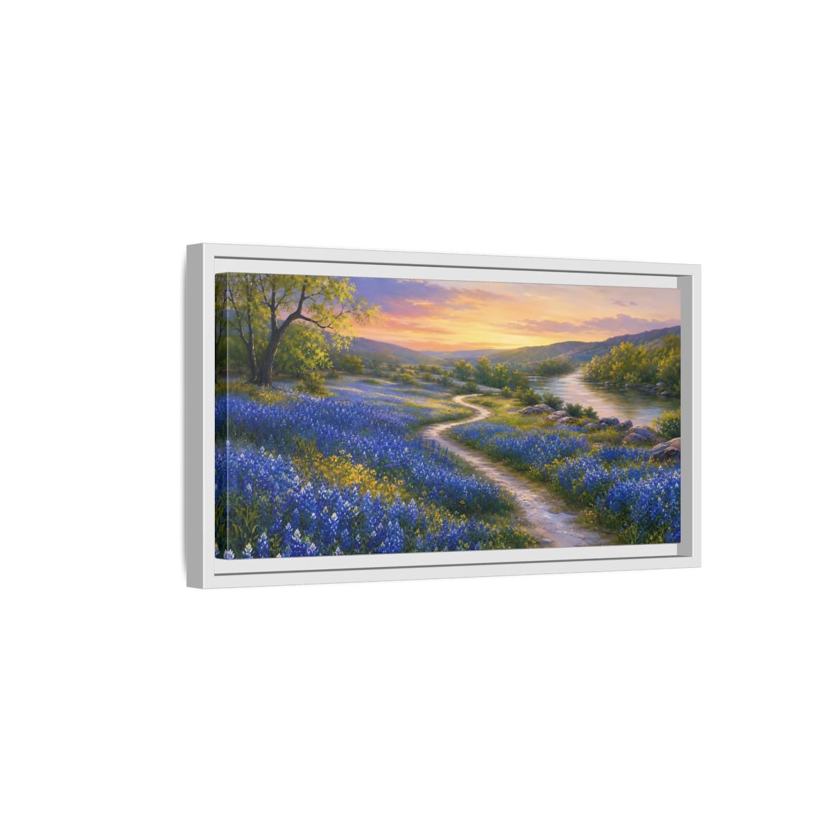 Side Mockup 6. Nature Wildflowers Blue And Orange shown as stretched canvas wall art