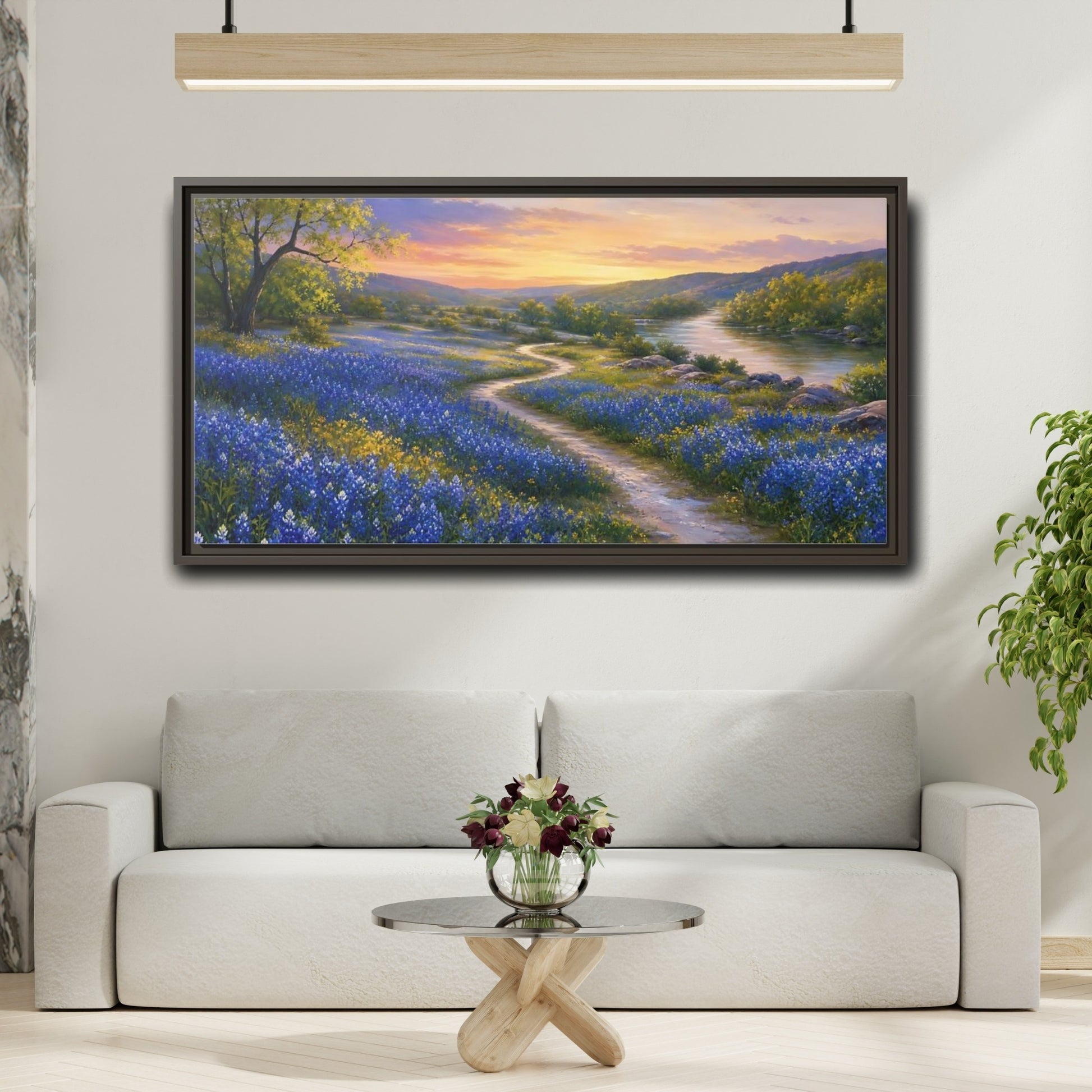 Mockup 2. Nature Wildflowers Blue And Orange shown as stretched canvas wall art