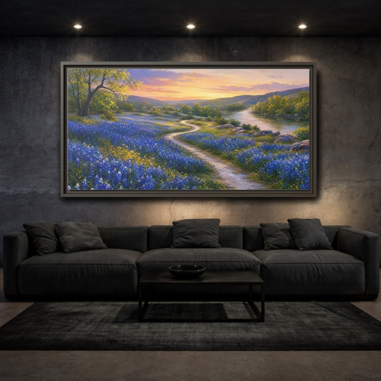 Mockup 3. Nature Wildflowers Blue And Orange shown as stretched canvas wall art