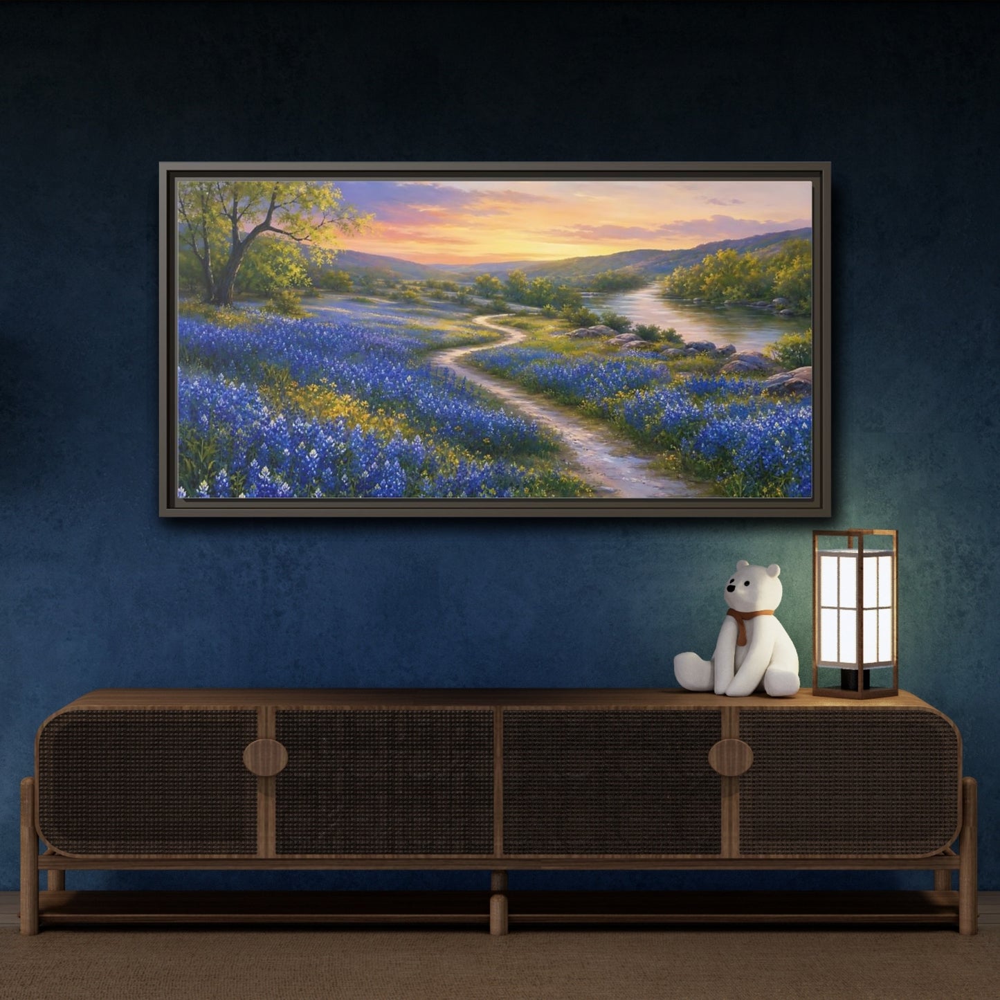 Mockup 4. Nature Wildflowers Blue And Orange shown as stretched canvas wall art