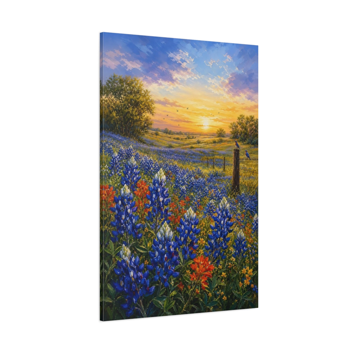 Side Mockup 1. Nature Wildflowers Bluebonnet Sunset shown as stretched canvas wall art
