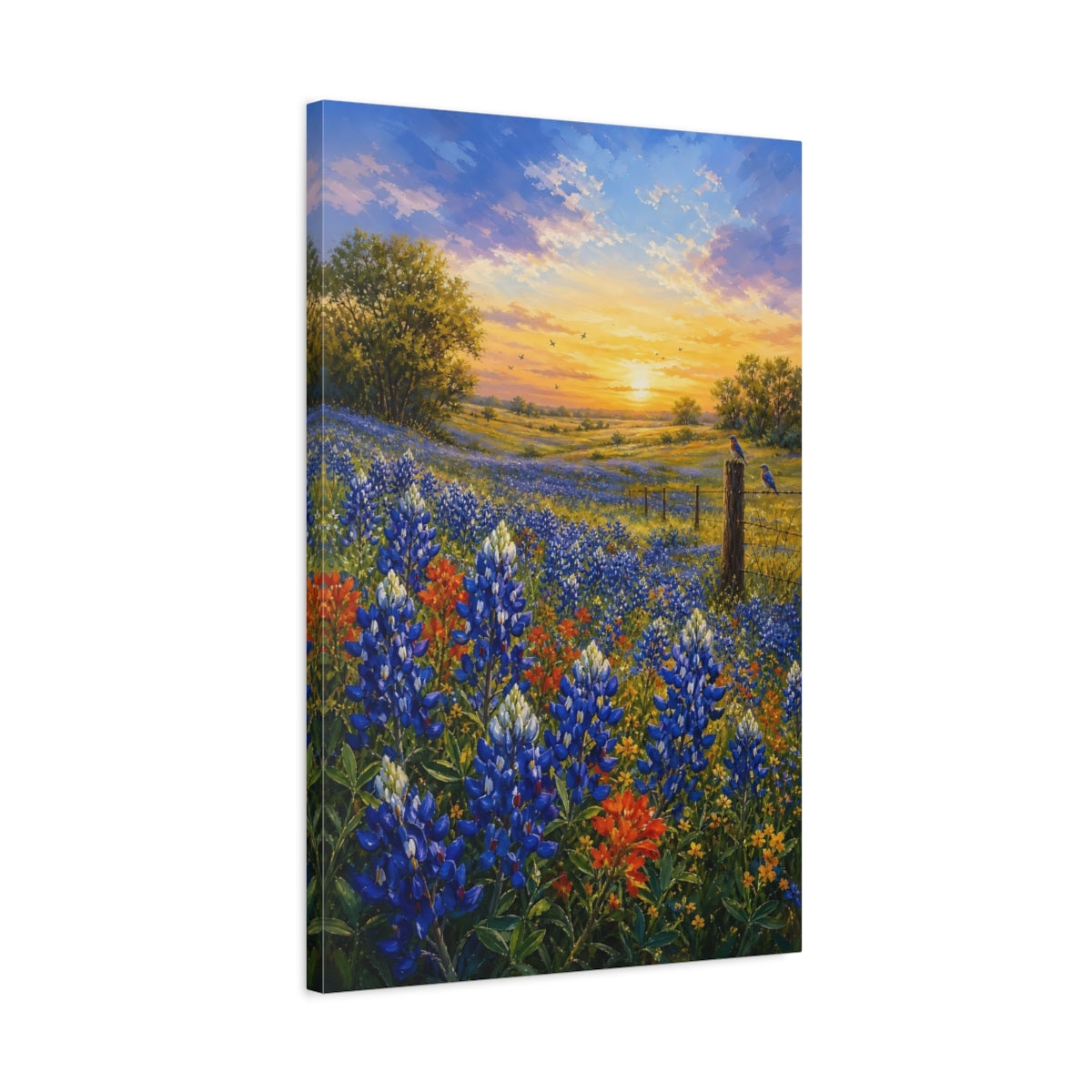 Side Mockup 2. Nature Wildflowers Bluebonnet Sunset shown as stretched canvas wall art