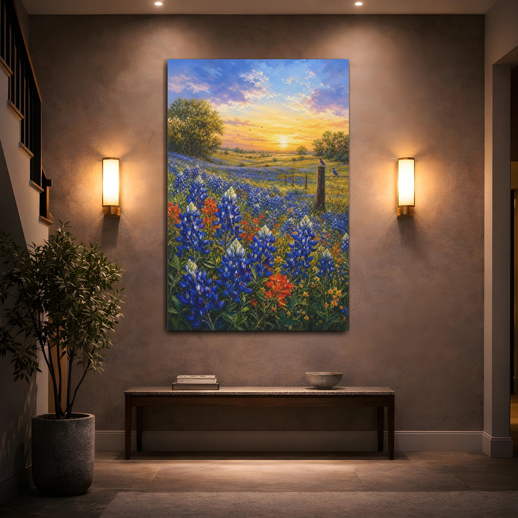 Mockup 2. Nature Wildflowers Bluebonnet Sunset shown as stretched canvas wall art
