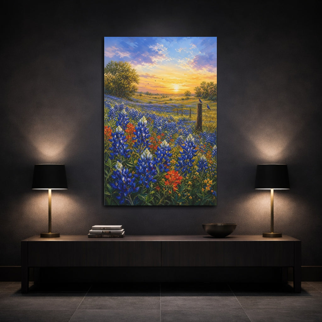 Mockup 3. Nature Wildflowers Bluebonnet Sunset shown as stretched canvas wall art