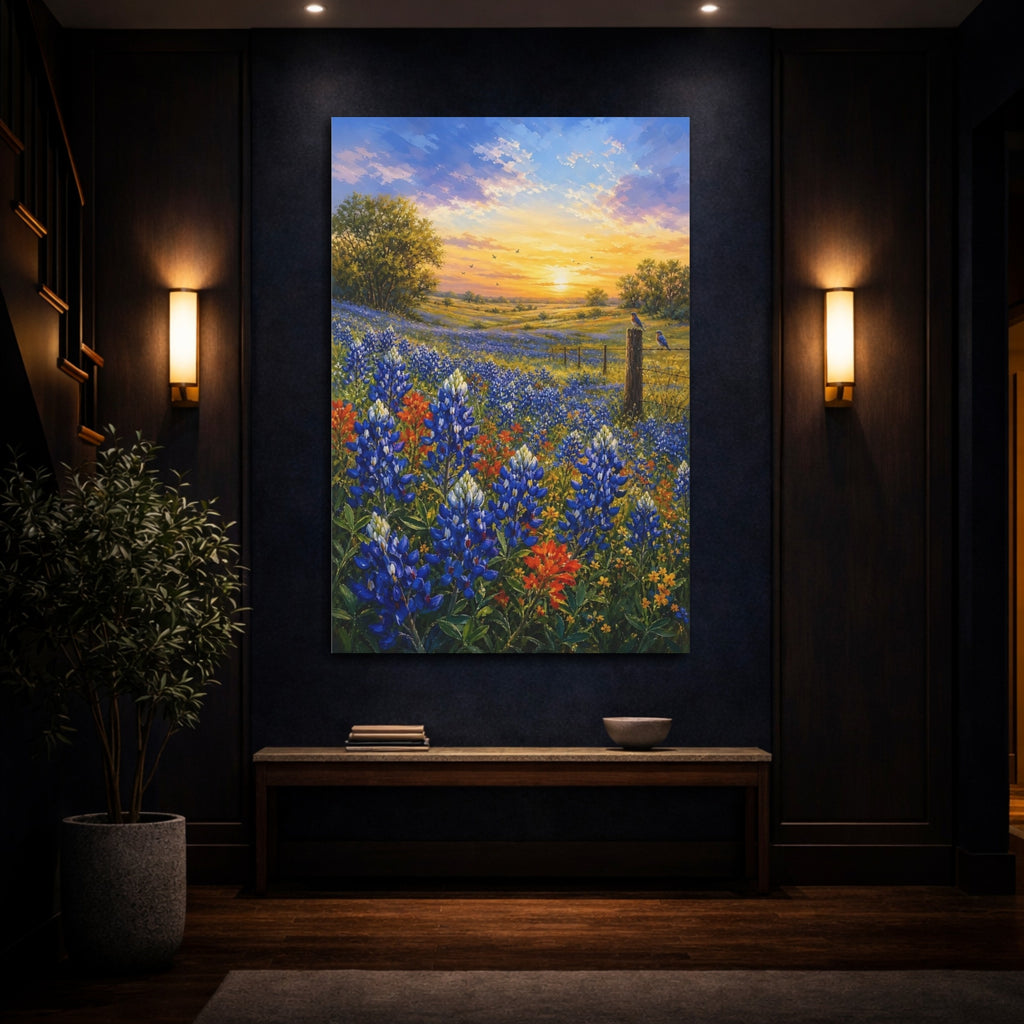 Mockup 4. Nature Wildflowers Bluebonnet Sunset shown as stretched canvas wall art