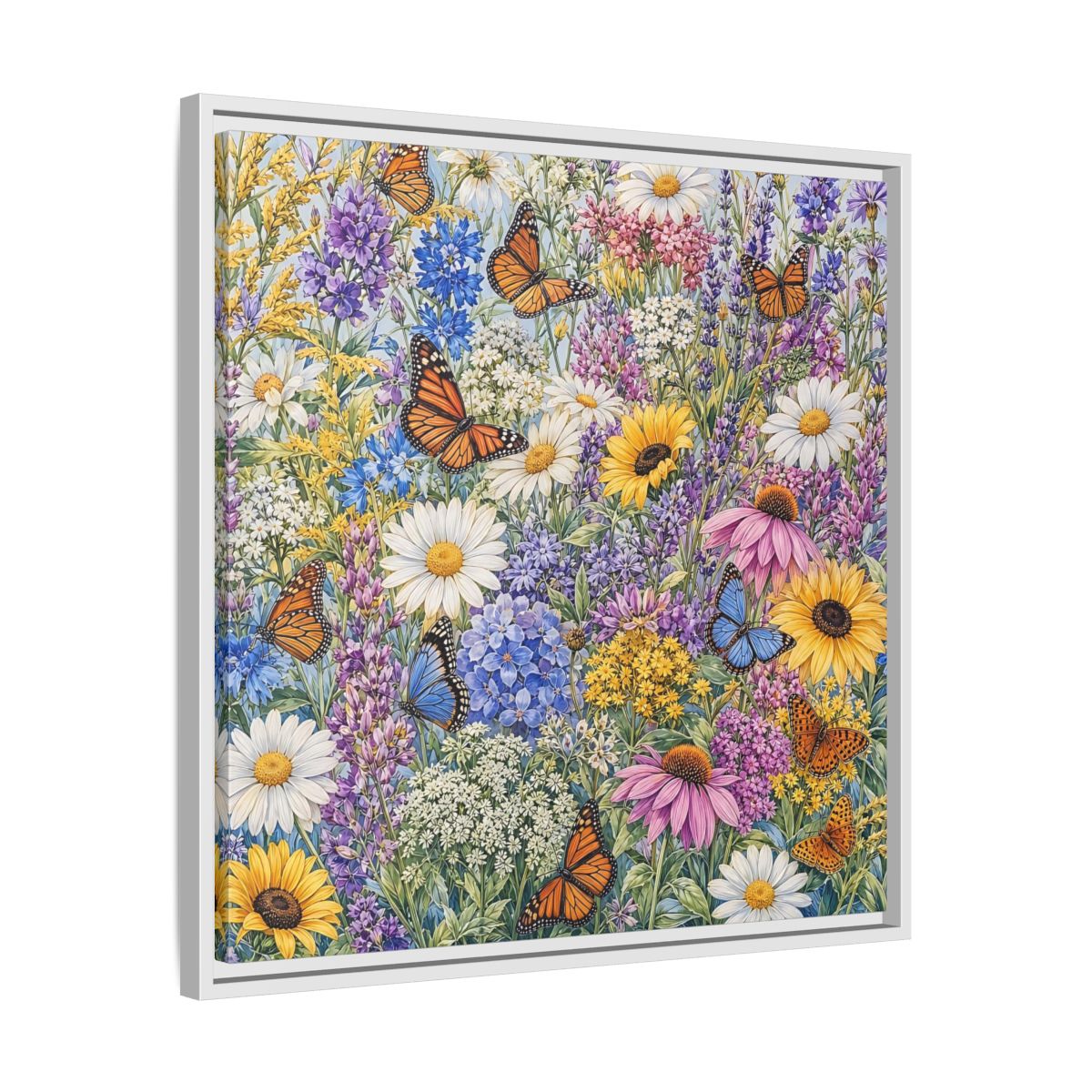 Side Mockup 26. Nature Wildflowers, Butterflies Vibrant Wildflowers shown as stretched canvas wall art