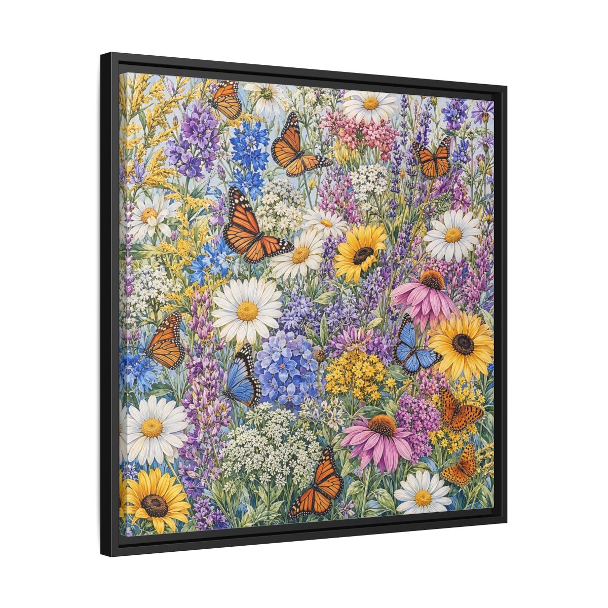 Side Mockup 31. Nature Wildflowers, Butterflies Vibrant Wildflowers shown as stretched canvas wall art