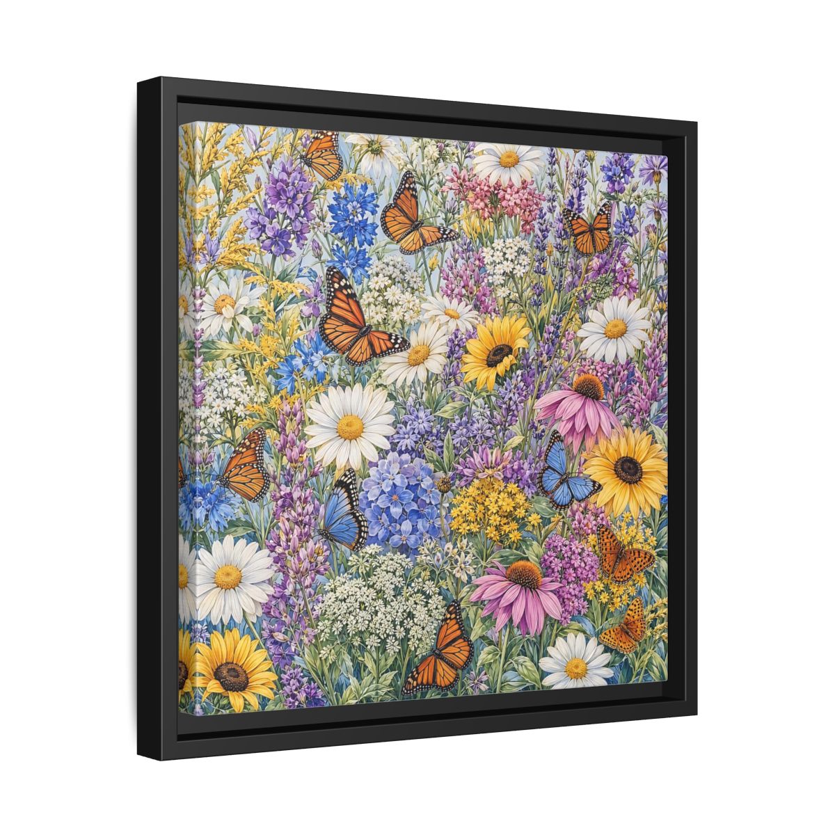 Side Mockup 32. Nature Wildflowers, Butterflies Vibrant Wildflowers shown as stretched canvas wall art
