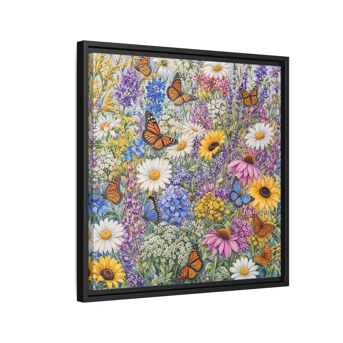 Side Mockup 12. Nature Wildflowers, Butterflies Vibrant Wildflowers shown as stretched canvas wall art