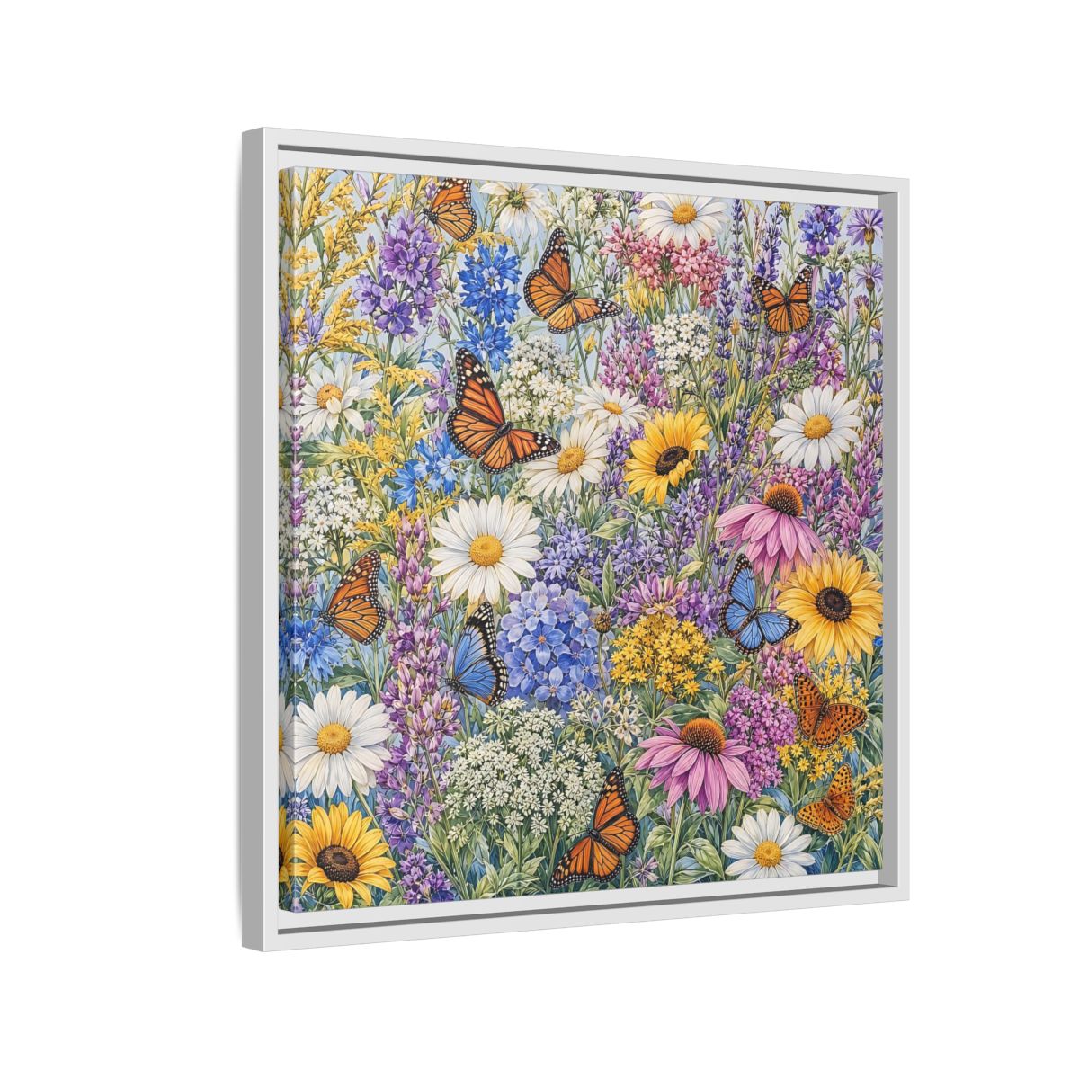 Side Mockup 10. Nature Wildflowers, Butterflies Vibrant Wildflowers shown as stretched canvas wall art