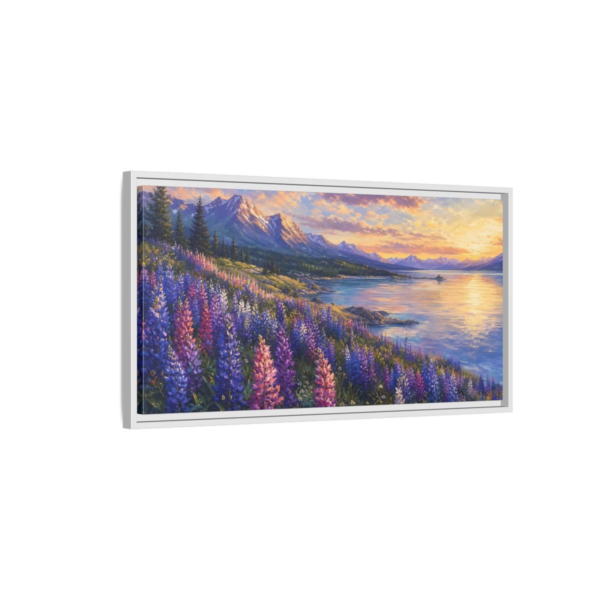 Side Mockup 1. Nature Wildflowers Purple Gold Landscape shown as stretched canvas wall art