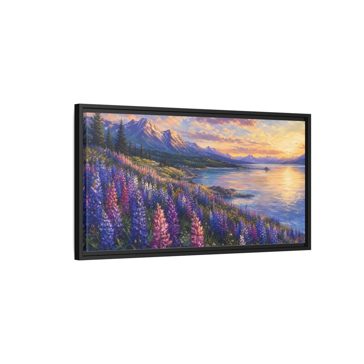 Side Mockup 2. Nature Wildflowers Purple Gold Landscape shown as stretched canvas wall art