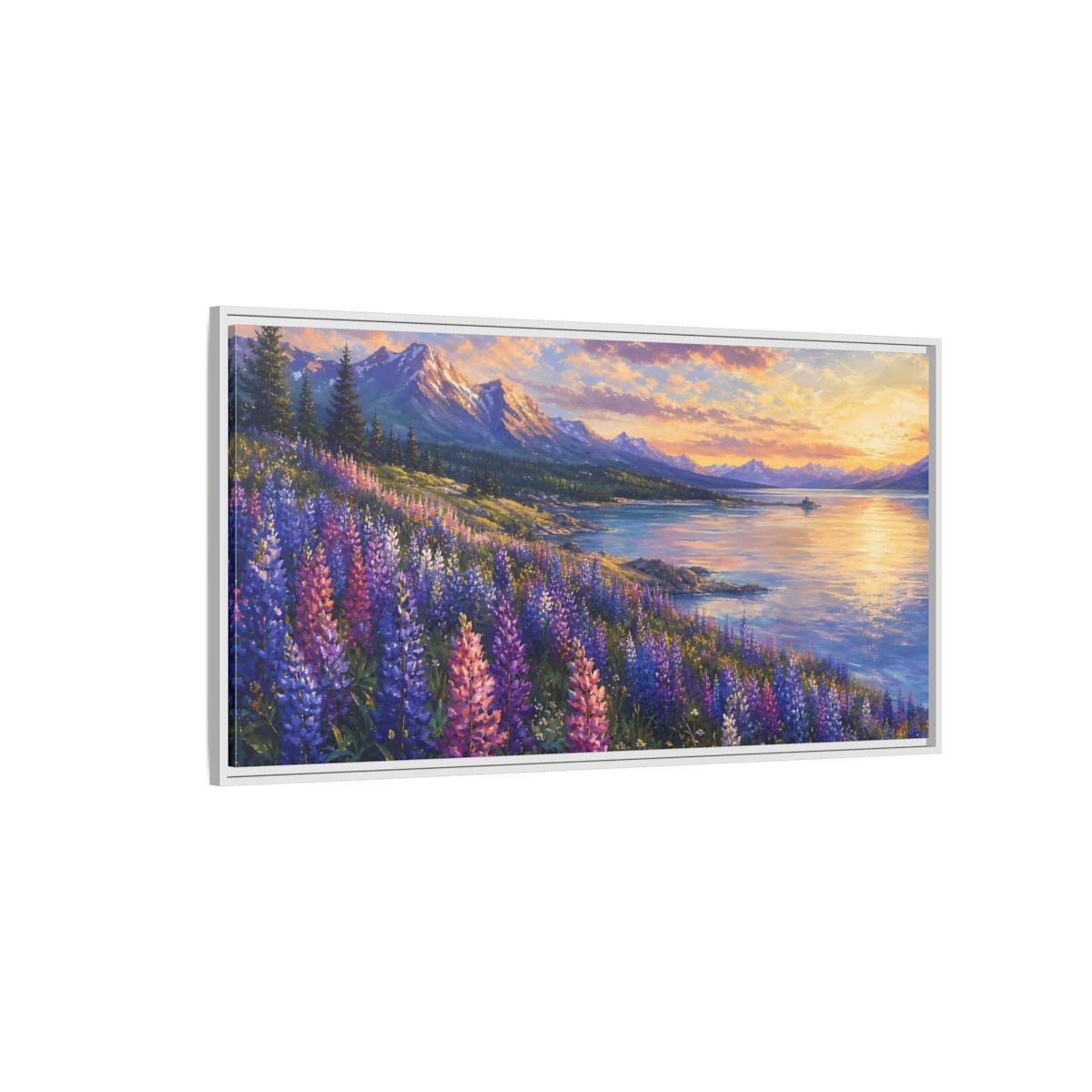 Side Mockup 3. Nature Wildflowers Purple Gold Landscape shown as stretched canvas wall art