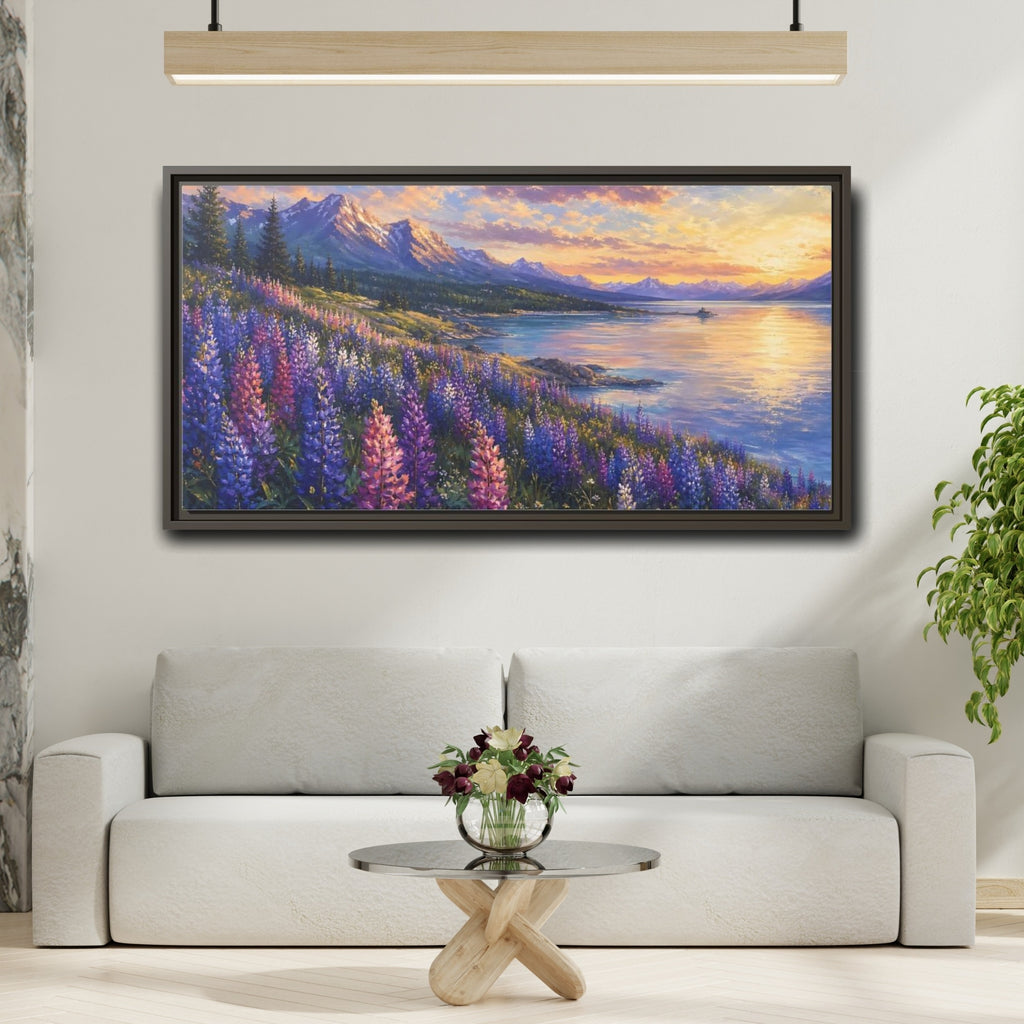 Mockup 2. Nature Wildflowers Purple Gold Landscape shown as stretched canvas wall art