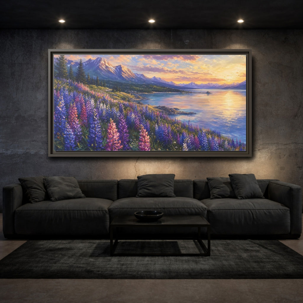 Mockup 3. Nature Wildflowers Purple Gold Landscape shown as stretched canvas wall art