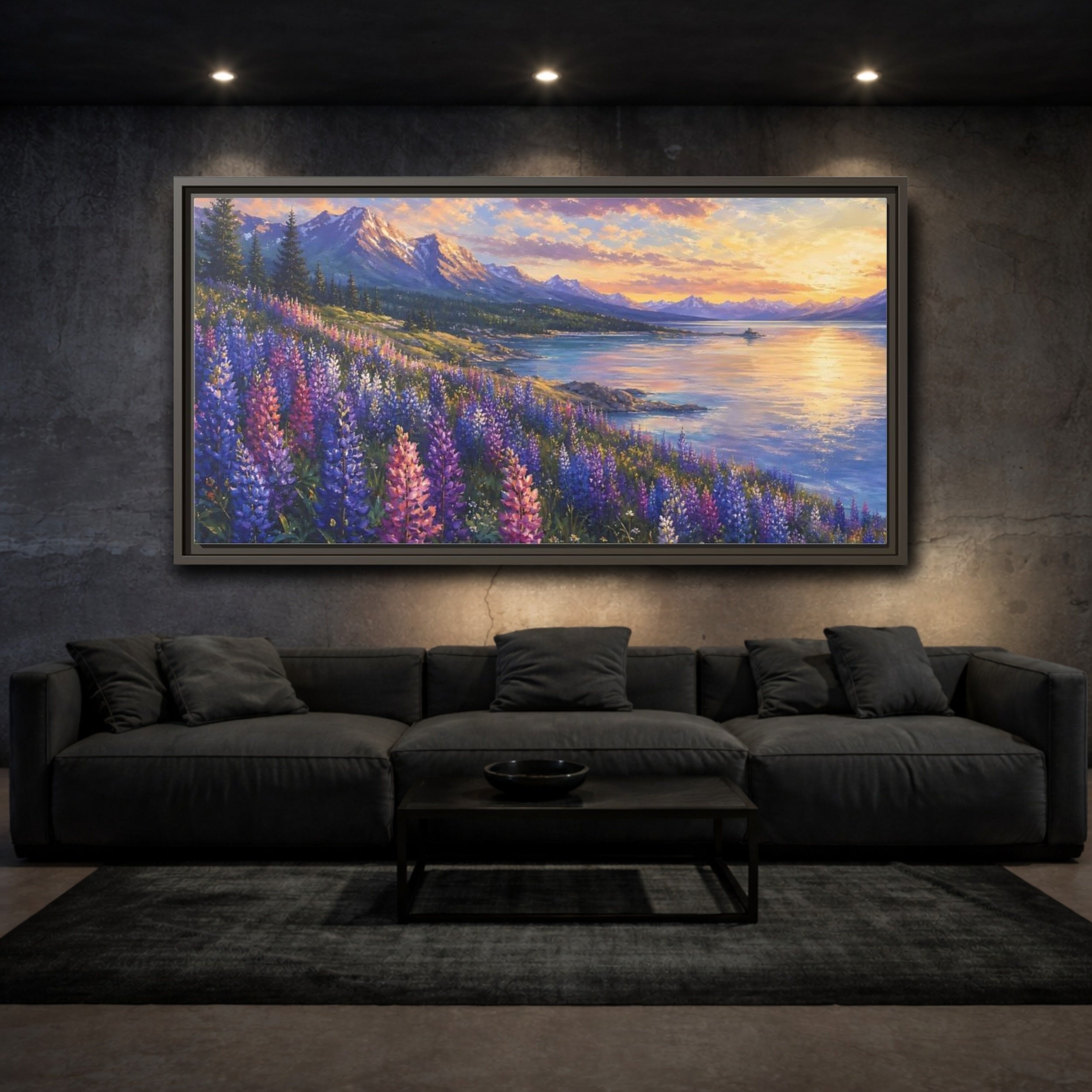 Mockup 3. Nature Wildflowers Purple Gold Landscape shown as stretched canvas wall art