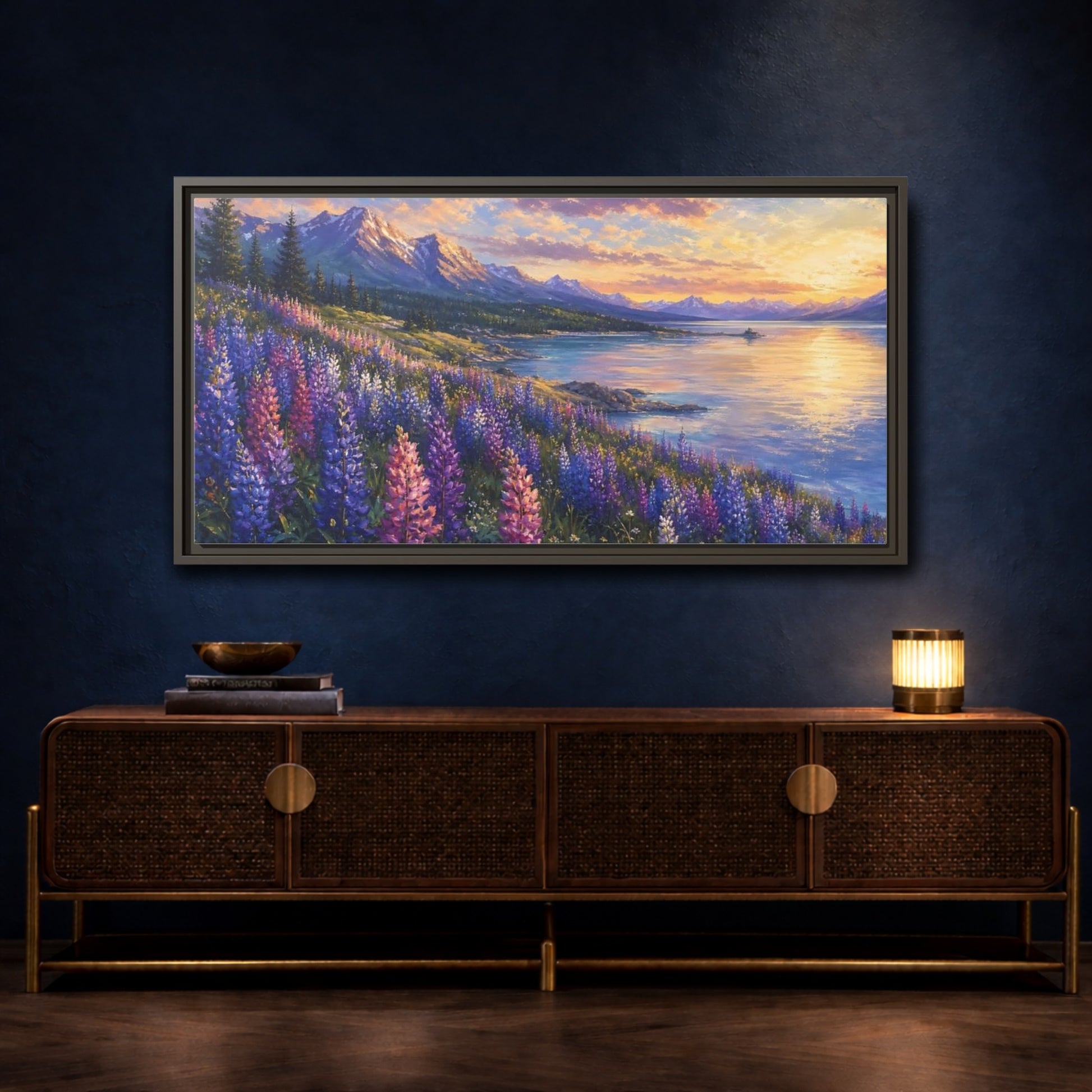 Mockup 4. Nature Wildflowers Purple Gold Landscape shown as stretched canvas wall art