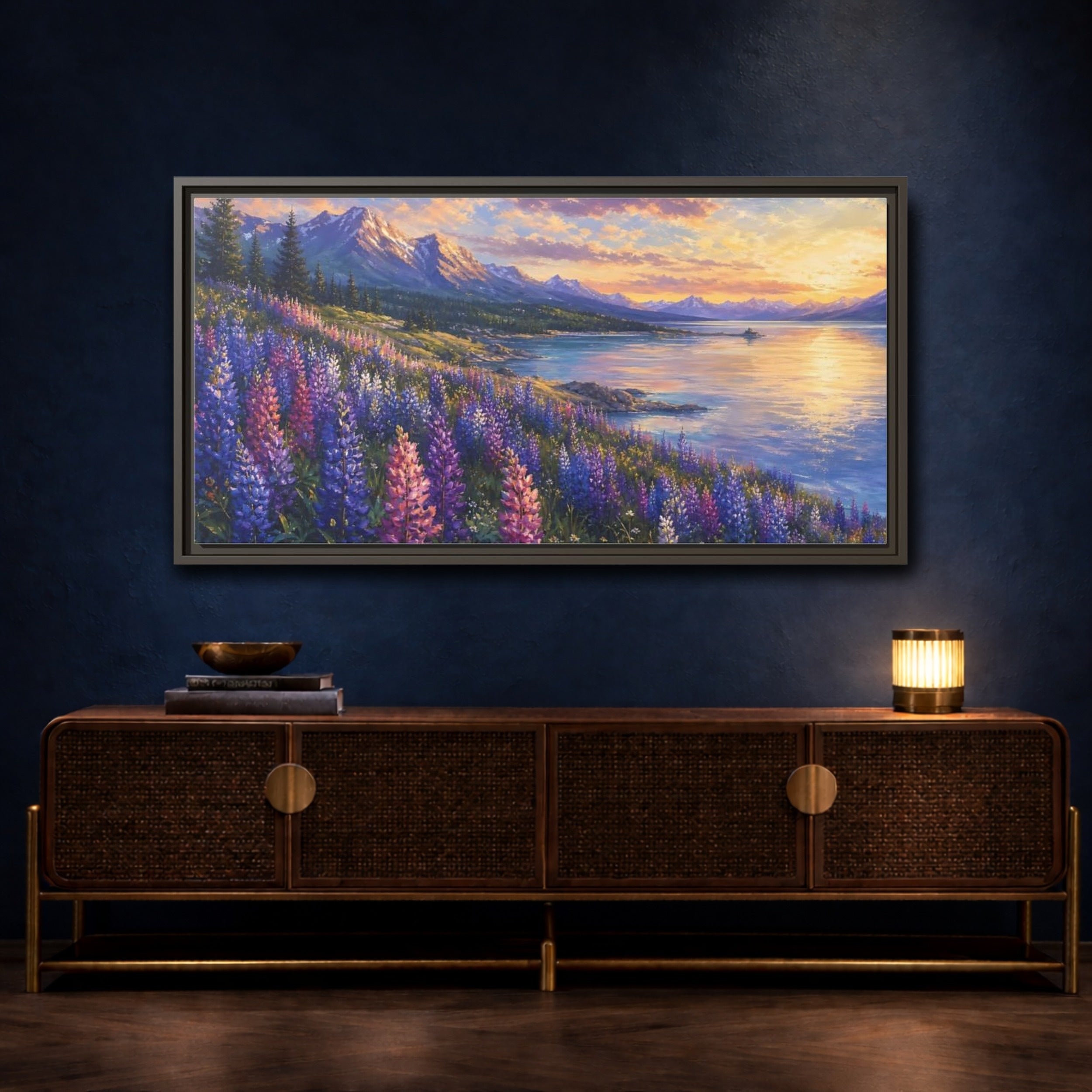 Mockup 4. Nature Wildflowers Purple Gold Landscape shown as stretched canvas wall art