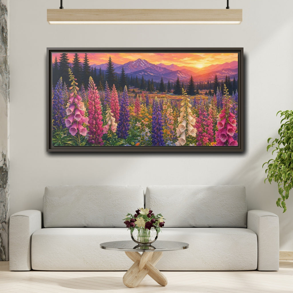 Mockup 2. Nature Wildflowers Vibrant Mountain Floral shown as stretched canvas wall art