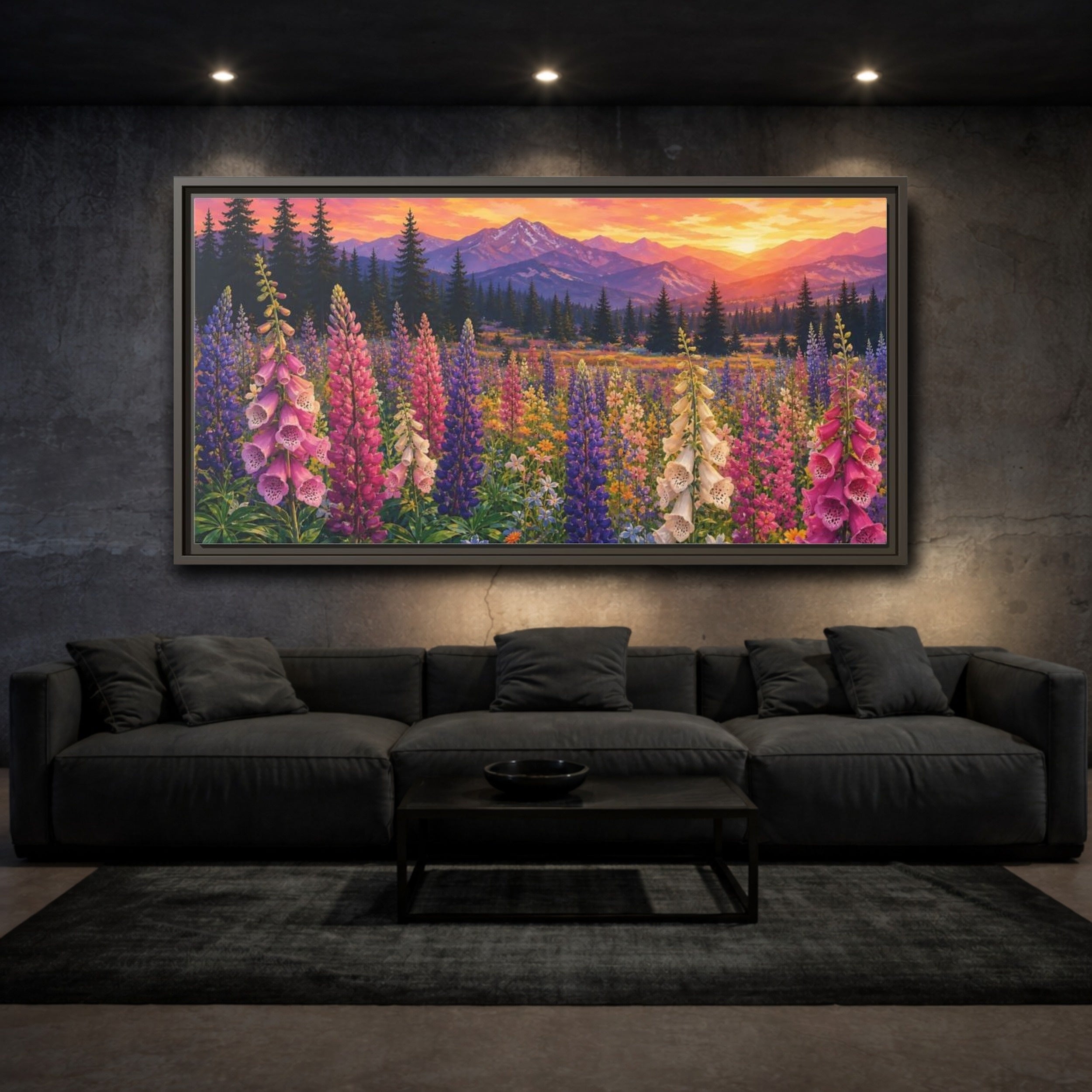 Mockup 3. Nature Wildflowers Vibrant Mountain Floral shown as stretched canvas wall art