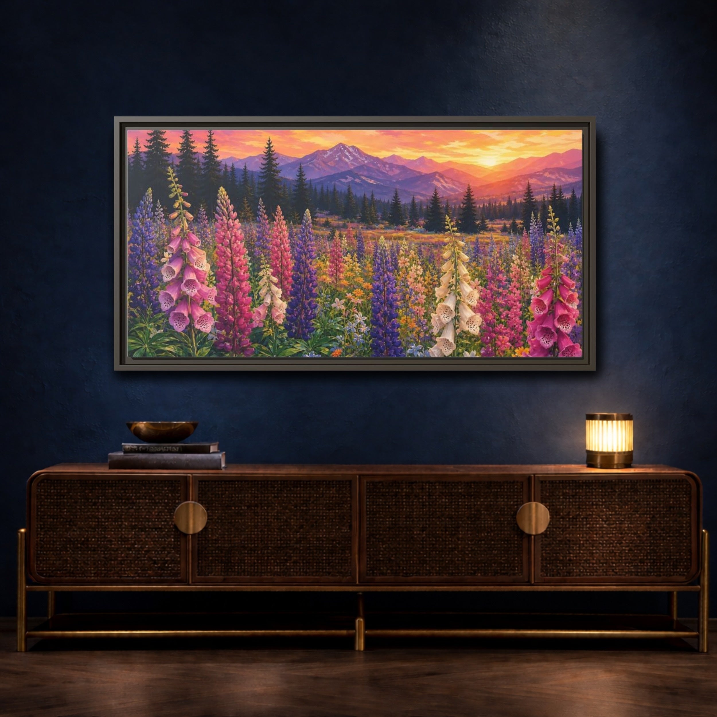 Mockup 4. Nature Wildflowers Vibrant Mountain Floral shown as stretched canvas wall art