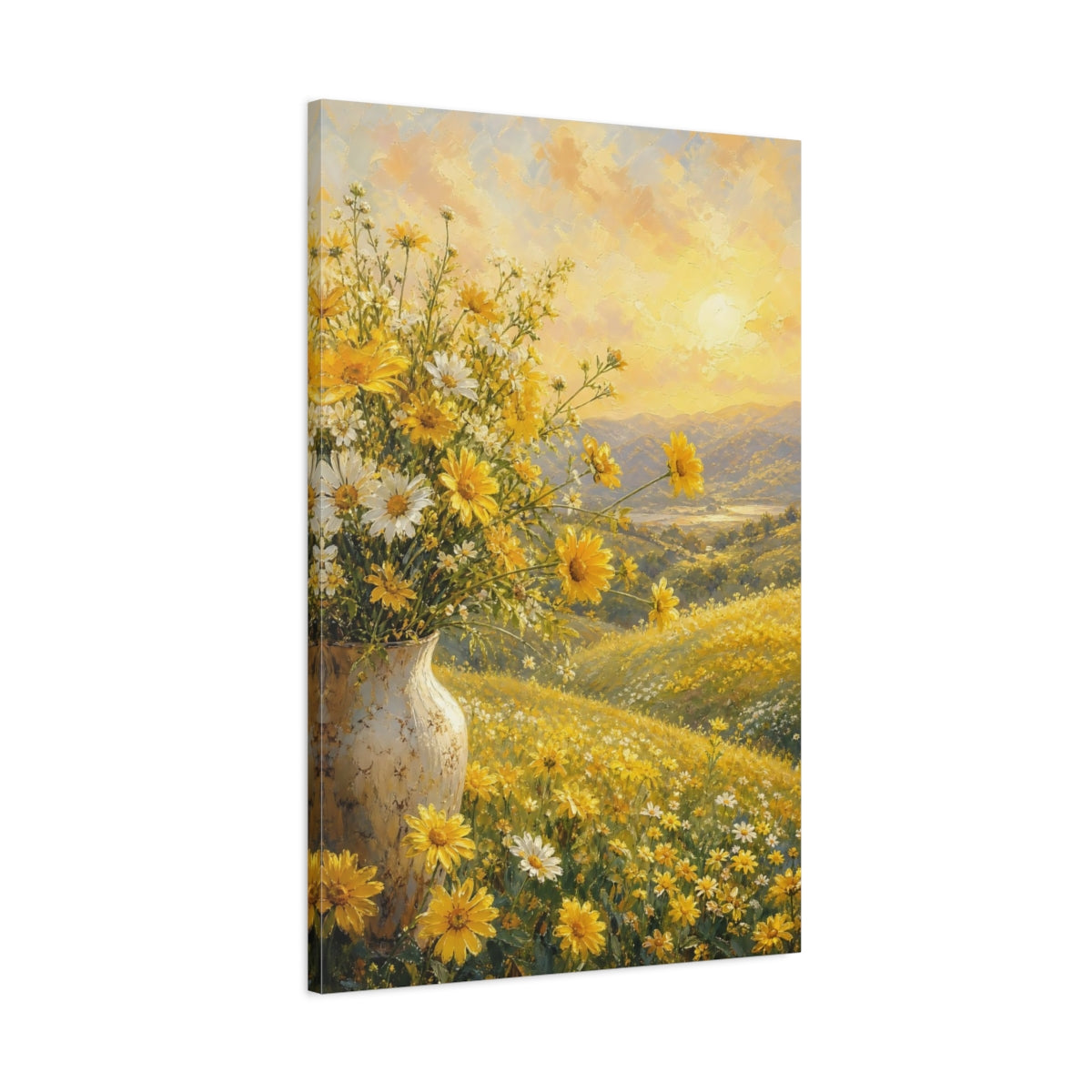 Main Mockup. Nature Wildflowers Yellow And Gold shown as stretched canvas wall art