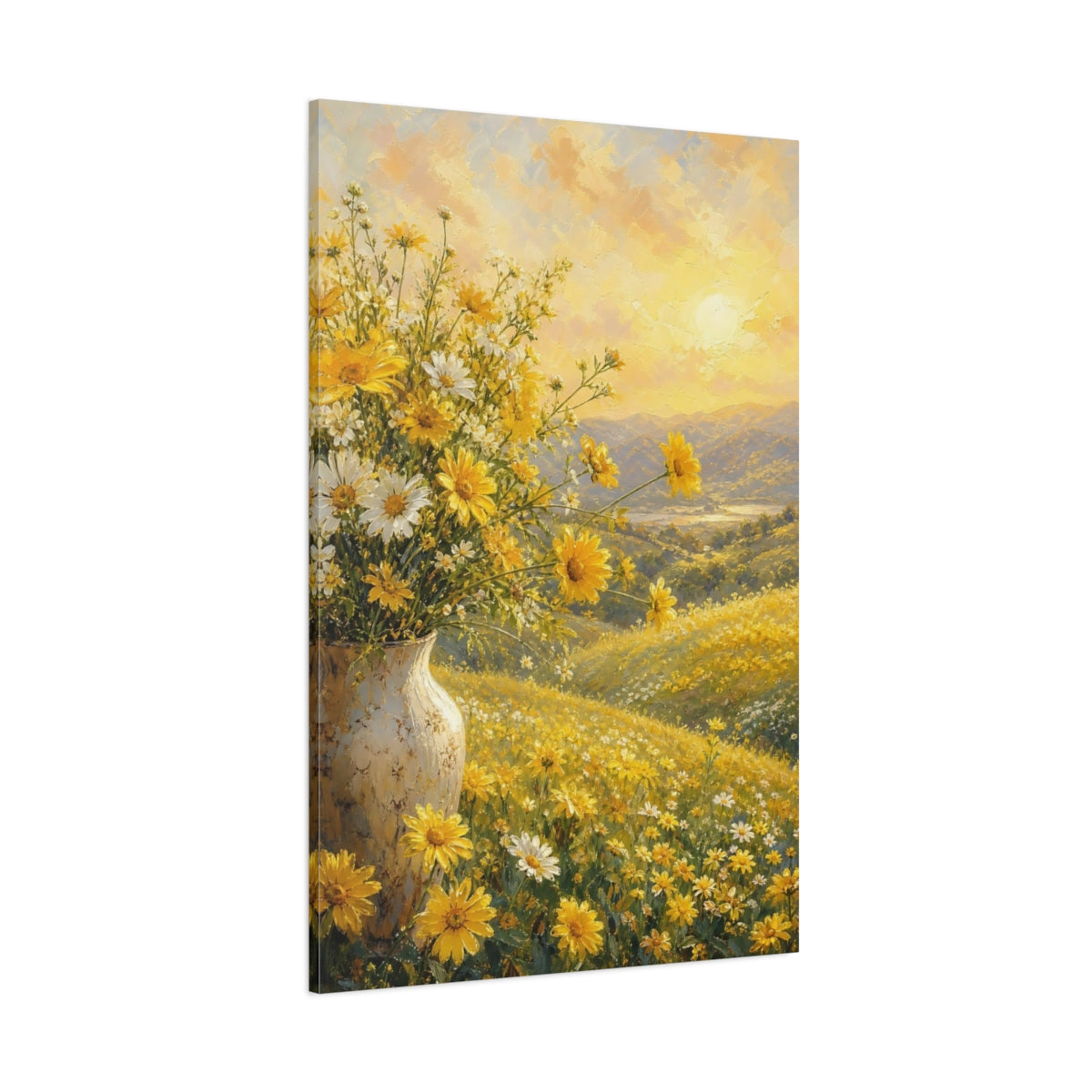 Side Mockup 1. Nature Wildflowers Yellow And Gold shown as stretched canvas wall art